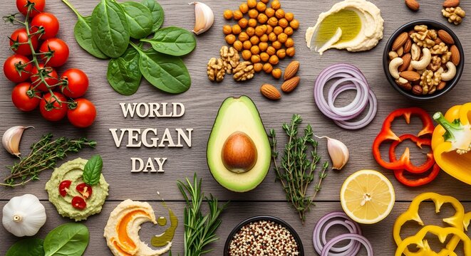 World Vegan Day creative flatlay of plant-based meal ingredients.