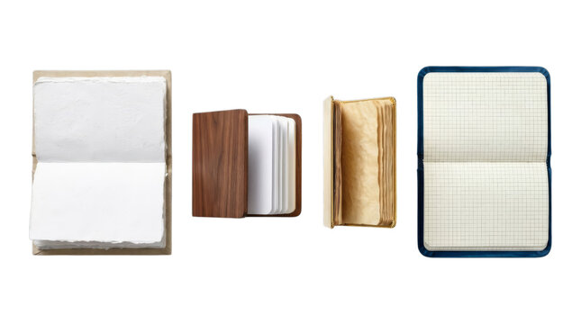 Open notebooks with blank pages and hardcover, showing different styles for writing and sketching.