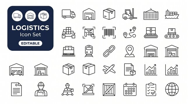 Logistics and supply chain icon set with warehousing, shipping, and delivery tracking symbols.