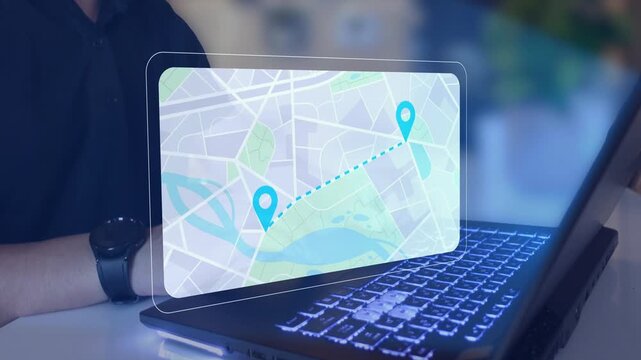 Concept of navigation tracking, fleet delivery, and smart transport location. Logistics coordinator planning route optimization on digital gps map interface.