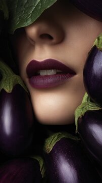 A woman's face is framed by eggplants and a leaf, highlighting her dark, luscious lipstick shade.