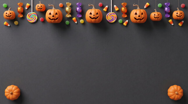 Halloween pumpkins and candy border on black background with copy space