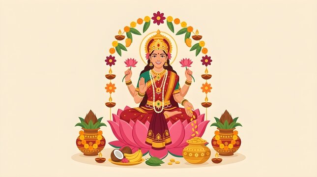 Goddess Lakshmi Vector Illustration Sitting on Throne with Sacred Kalash, Brass Diya Stand, Fruits Offering, Rangoli, and Floral Arch