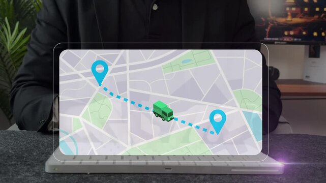 Concept of navigation tracking, fleet delivery, and smart transport location. Logistics coordinator planning route optimization on digital gps map interface.
