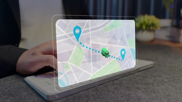 Concept of navigation tracking, fleet delivery, and smart transport location. Logistics coordinator planning route optimization on digital gps map interface.