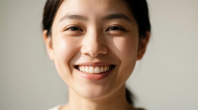 Asian woman smiles showing healthy white teeth. Natural light illuminates face with subtle dimples, conveying genuine happiness and positivity in a clean, minimalist studio setting.