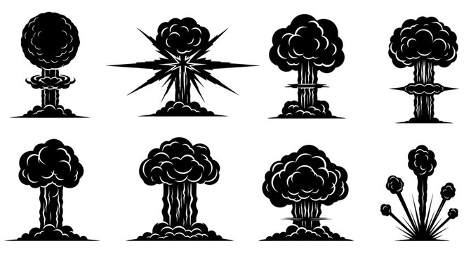 Atomic mushroom cloud silhouettes black and white graphic set on a white background