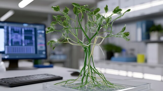 A green tree like model with visible root and vein structures sits on a transparent base in a modern office setting with computer equipment