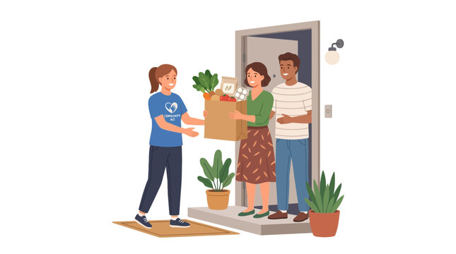 Volunteer delivering grocery donation bag to young couple at home