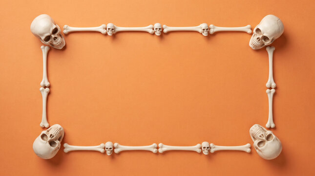 Halloween frame made of skulls and bones on an orange background