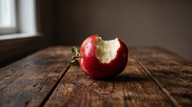 Fresh Red Apple With A Bite Taken Out Sitting On A Rustic Wooden Table