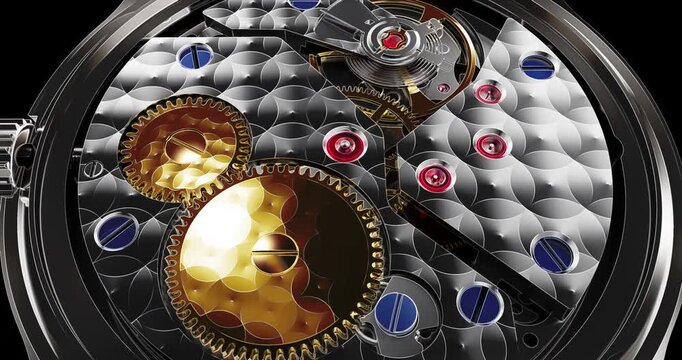 Close up of automatic rotor and gears inside luxury swiss watch mechanism.