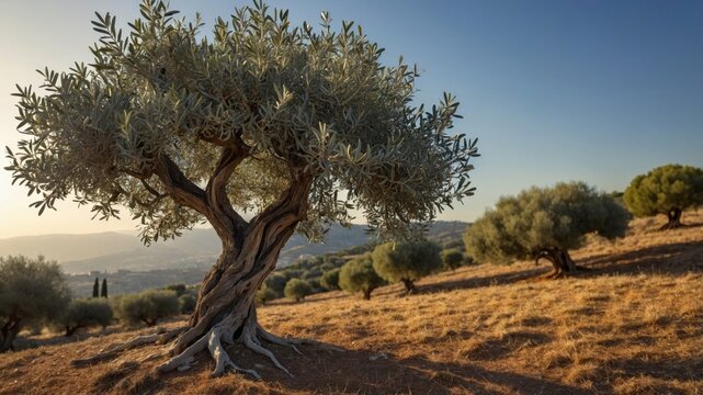 Old olive tree with gnarled trunk in a mediterranean grove at sunset