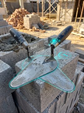 Two trowels resting on a stack of concrete blocks at a construction site with building materials in the background