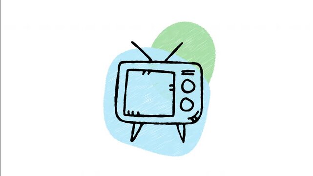 An animated hand-drawn retro CRT television set with top rabbit ear antennas. Perfect for classic TV broadcasting, old media, vintage entertainment, news shows, and retro culture. 