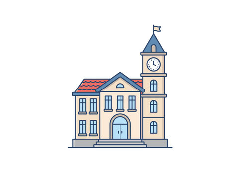 Flat vector illustration of a classical school or town hall with a clock tower
