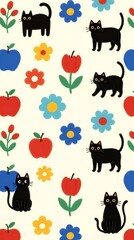 Obraz premium seamless pattern with flowers and cats