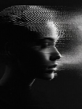 Abstract digital art of a face dissolving into horizontal lines on a dark background