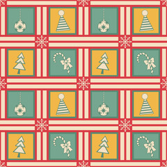 Retro Christmas seamless pattern with holiday icons. Season greetings with festive ornaments. © NATTHAPHORN