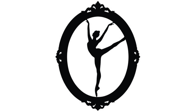 Ballerina silhouette framed inside an ornate vintage mirror while posing gracefully in a classic ballet dancing posture, representing artistic expression and theatrical beauty.