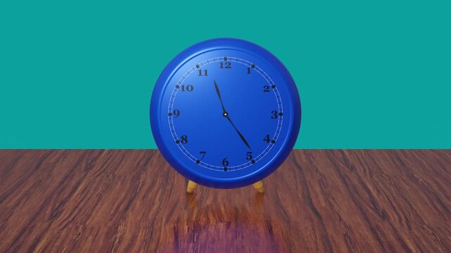 Animated dark blue desk clock with moving hands standing on wooden table