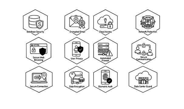 Cloud data security and network personal privacy line icon set with firewall vectors
