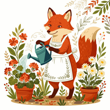 Cute illustrated fox character wearing apron watering potted plants with blue watering can, concept for gardening, home plant care, and spring nature, ideal for children books and greeting cards