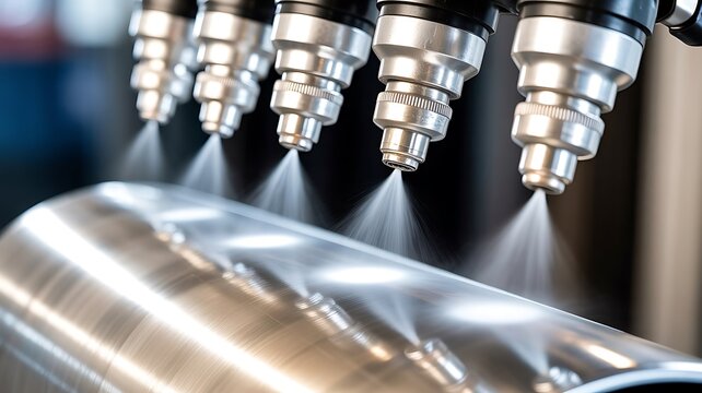 Automated industrial spray nozzles applying protective coating to metal components in a precision modern manufacturing production line setting