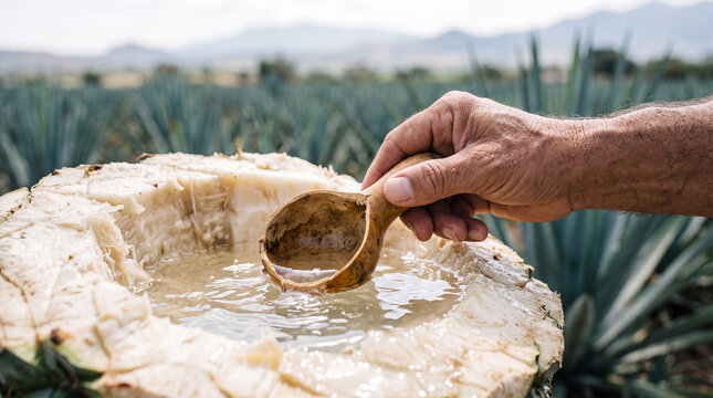 Farmer scooping agave sap from carved pi&ntilde;a in maguey field during traditional pulque harvest