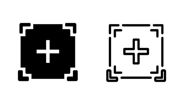 Plus symbol icon inside a square frame in solid black and outlined style