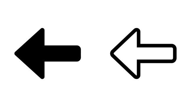 Left arrow solid and outline vector icons set pointing backward symbol with direction