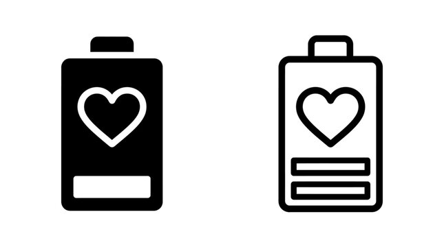Battery heart health icon set with solid and outline vector style portable capacity