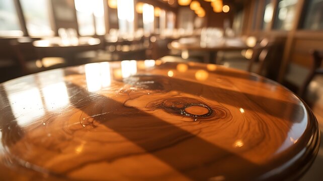 Close up of a polished wooden table surface with natural grain patterns reflecting warm ambient light in a blurred restaurant dining room setting