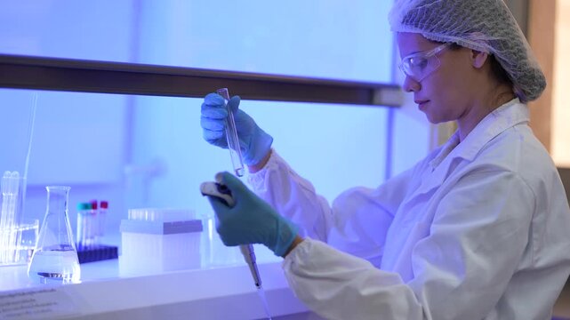 A woman researcher in a white lab coat, hairnet and clear safety goggles withdrawing a pipette from a tube, checking the tip, then loading the next at a brightly lit laboratory workbench.