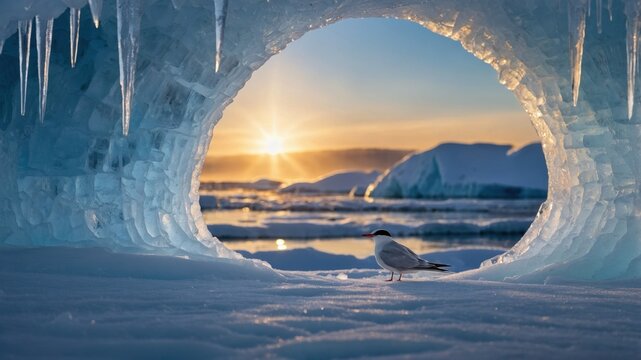 Seagull stands on snow inside blue ice cave during golden sunrise