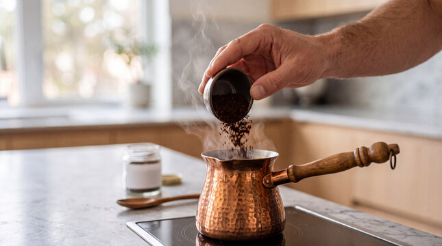 Hand pouring mushrooms supplemen into copper cezve for turkish coffee in cozy kitchen
