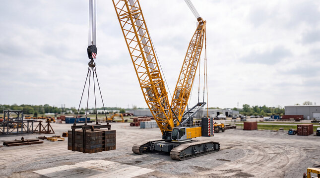 Large yellow crawler crane lifting heavy steel blocks at industrial construction site on overcast day