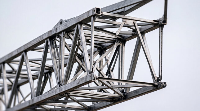 Close-up of steel truss crane boom structure showing industrial framework and geometric metal beams