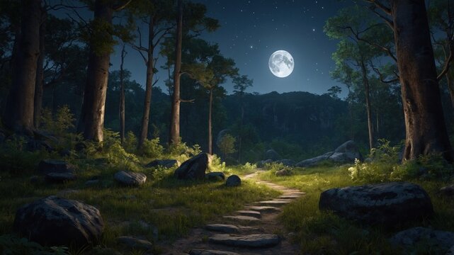 Full moon illuminates a winding stone path through a dark forest