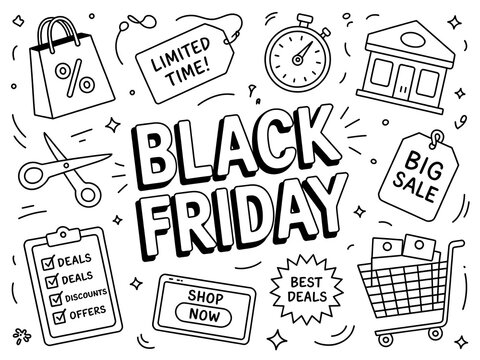 Black Friday sale concept doodle icons set with shopping elements for advertising designs