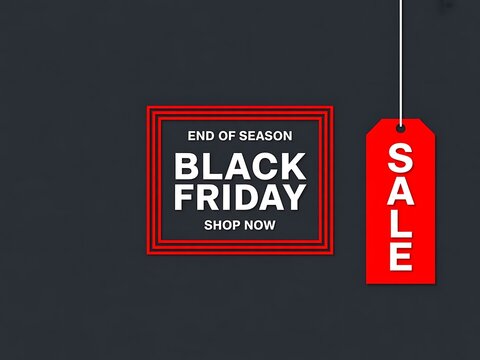 Black Friday end of season sale banner with a red hanging price tag label