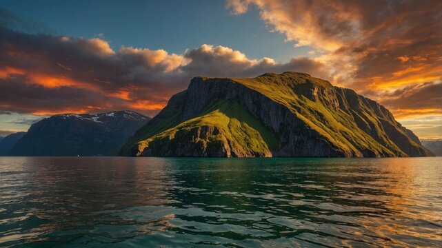 Scenic green mountain island during dramatic sunset over calm water