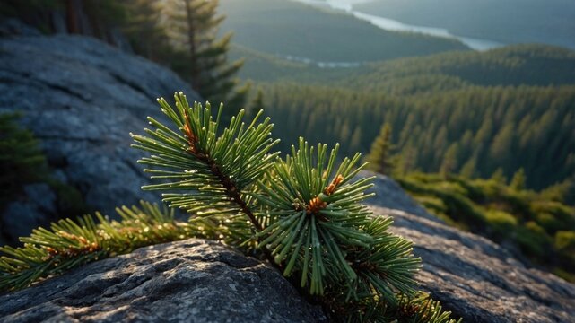 Pine needles grow on mountain rocks overlooking a deep forest valley