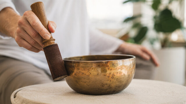 person playing a singing bowl with wooden mallet during meditation. Mindfulness practice, sound healing, relaxation, spiritual wellness, and stress relief concept