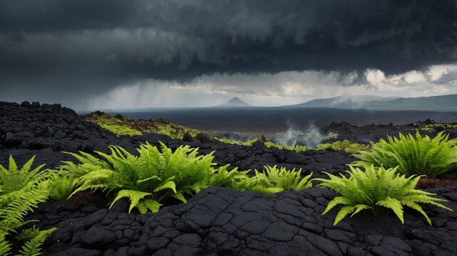 Green ferns growing on black volcanic lava field under stormy sky
