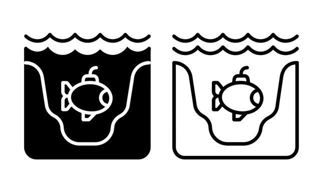 Submarine underwater ocean trench solid and outline icon set with submarine