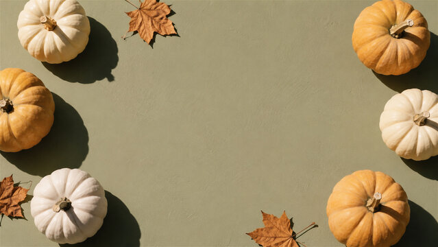autumn pumpkin border with orange and white pumpkins and fallen maple leaves surrounding copy space. Seasonal harvest background for Halloween, Thanksgiving, greeting card, banner, or invitation
