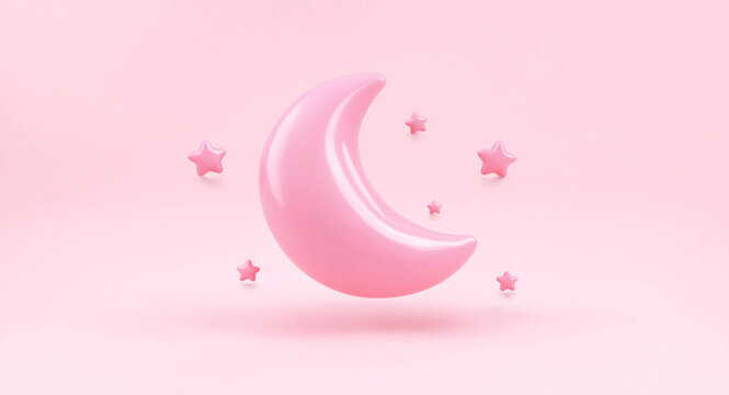 Crescent moon with small stars in soft pink pastel background 3d rendering
