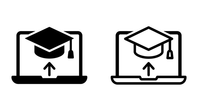 Online education graduation cap and laptop vector icon set with e learning