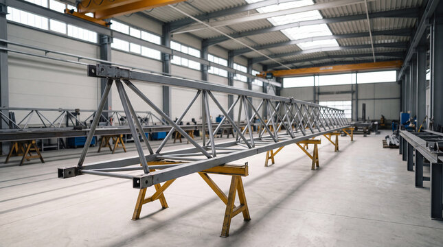 Long steel truss beam under fabrication in modern industrial workshop with overhead crane and workstations